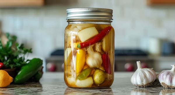 A Jar of Ingredients to Make Fire Cider and Recipe.